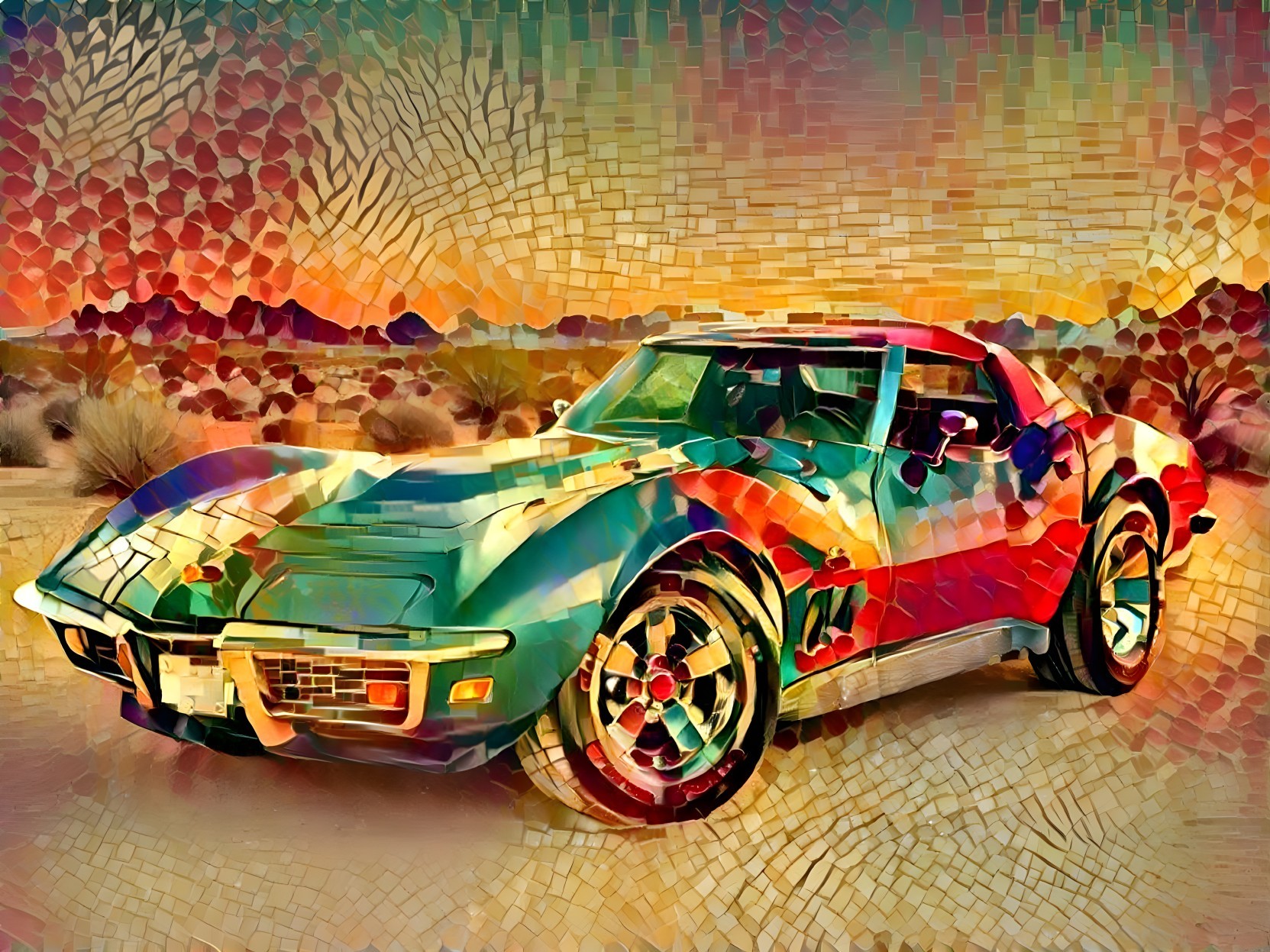 Vibrant Mosaic Art of Corvette Against Sunset Backdrop