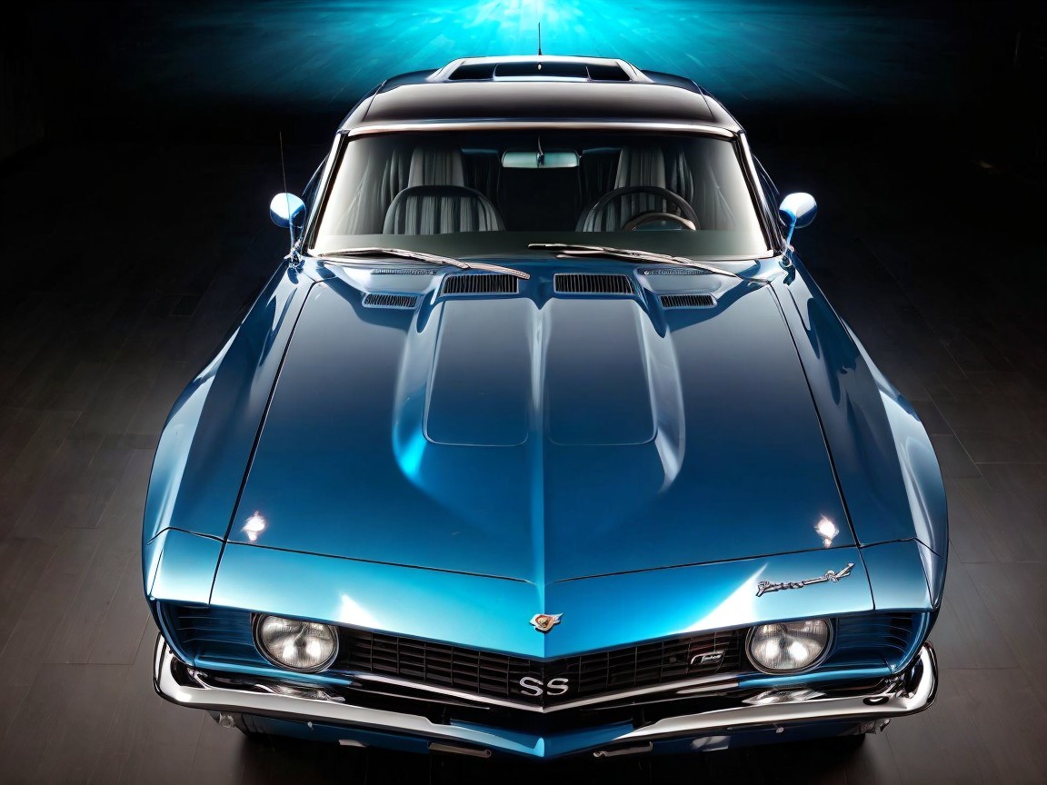 Classic car with glossy blue paint and chrome details