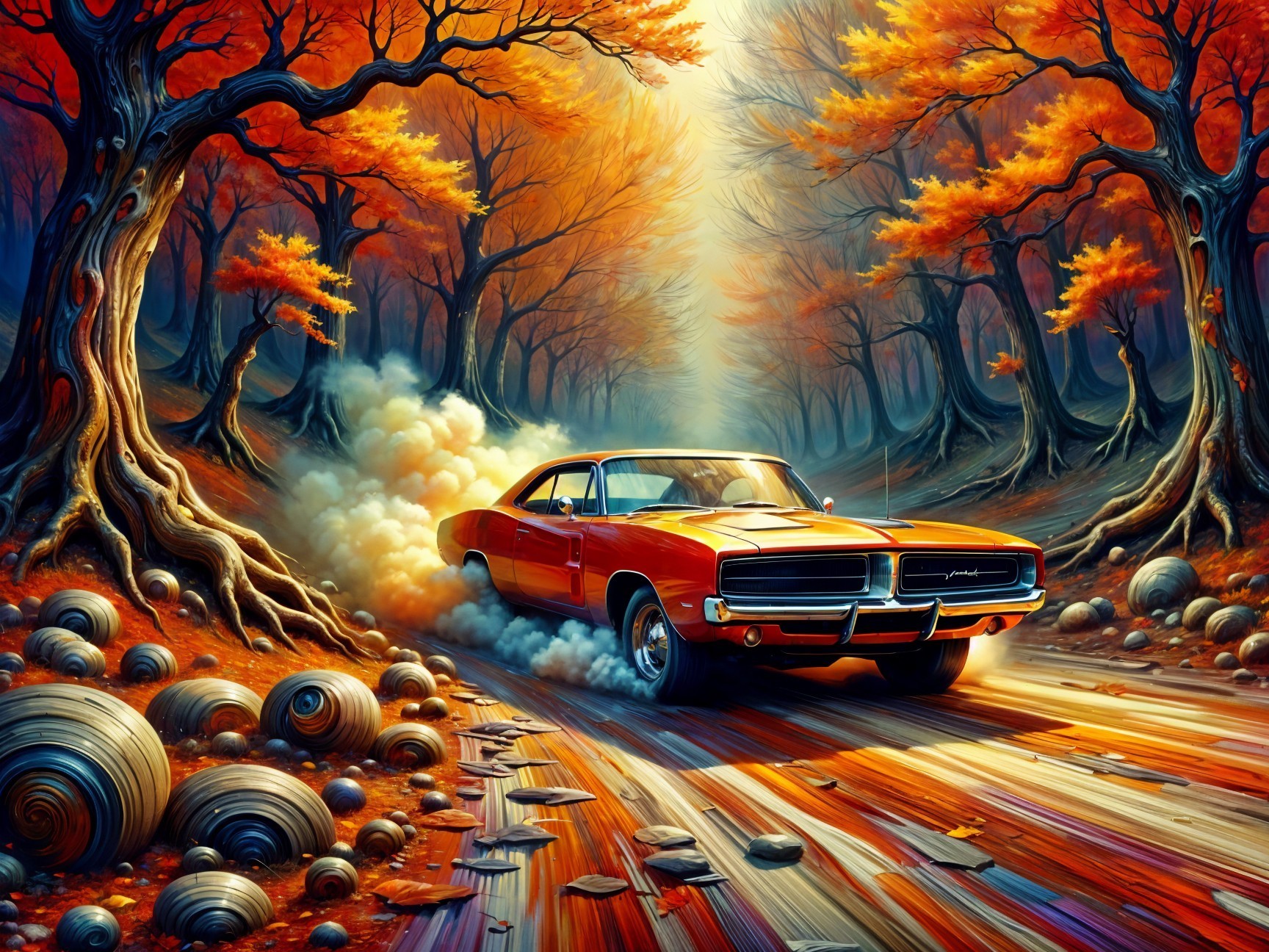 Vibrant Orange Muscle Car in Mystical Autumn Forest