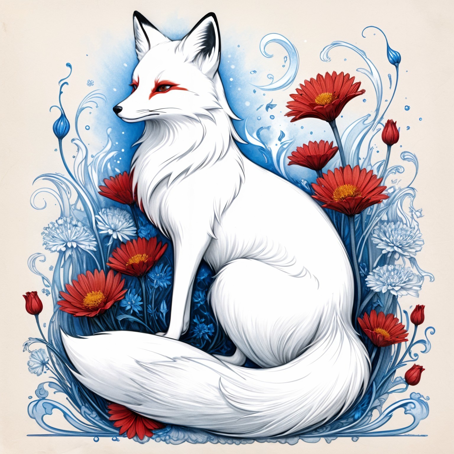 White Fox Surrounded by Red Flowers and Blue Accents