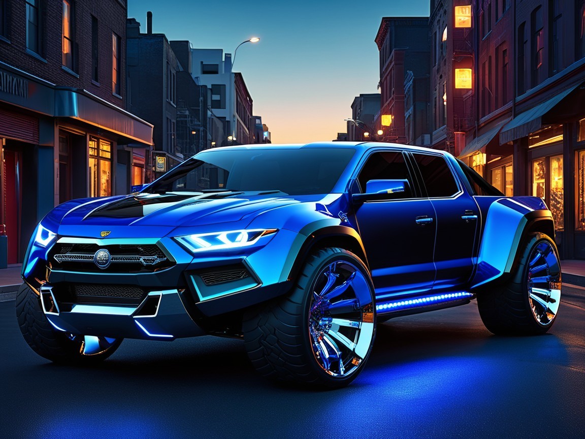 Futuristic Stylish Pickup Truck in Urban Twilight Scene