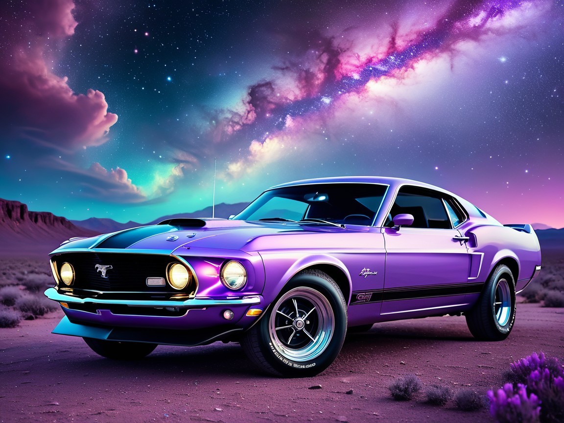 Purple 1969 Ford Mustang in Cosmic Desert Scene