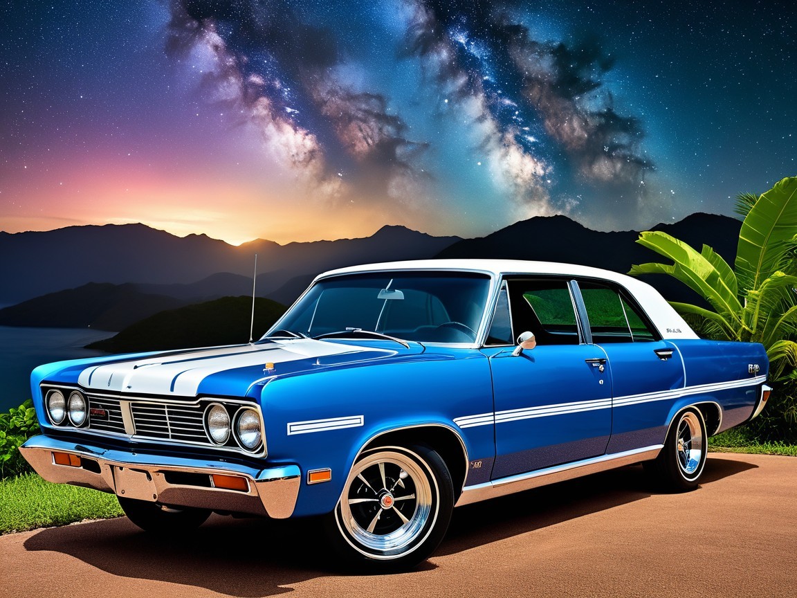 Classic Blue Car with White Roof in Mountain Landscape