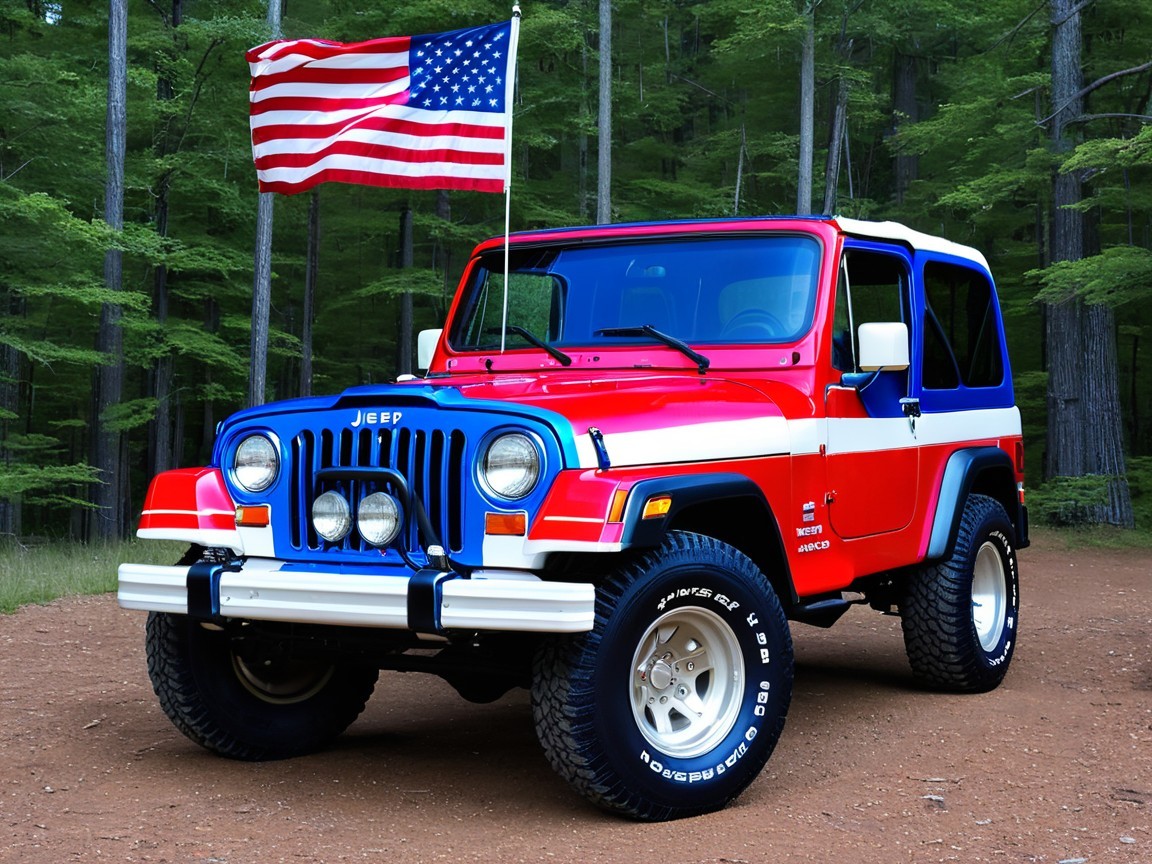 Vibrant Red Jeep with American Flag in Forested Area