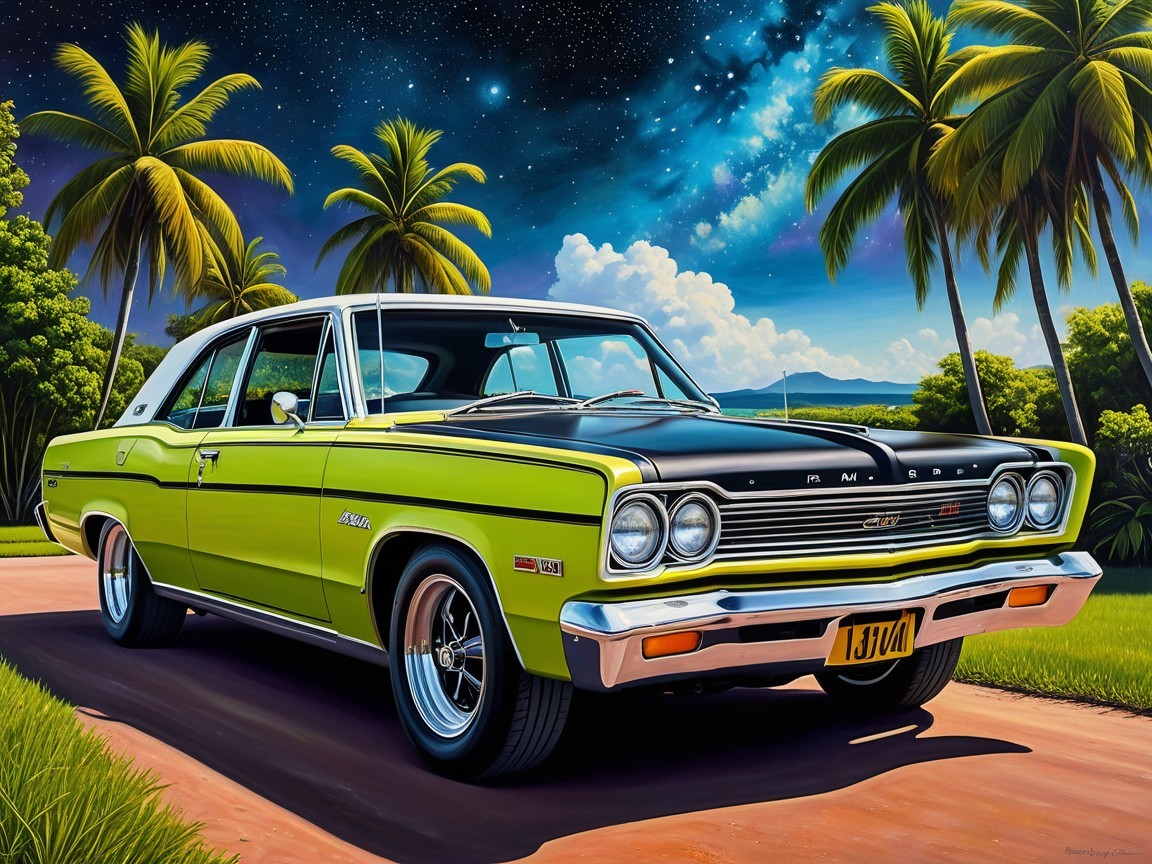 Vintage Green Muscle Car on Tropical Road