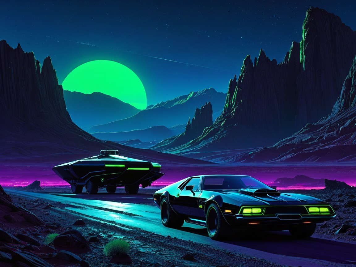 Futuristic landscape with vehicles under vibrant night sky