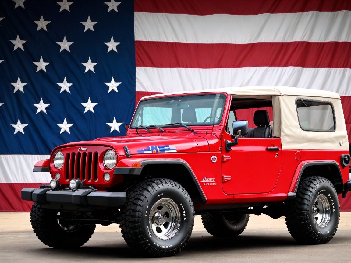 Red Jeep Wrangler with American Flag Backdrop