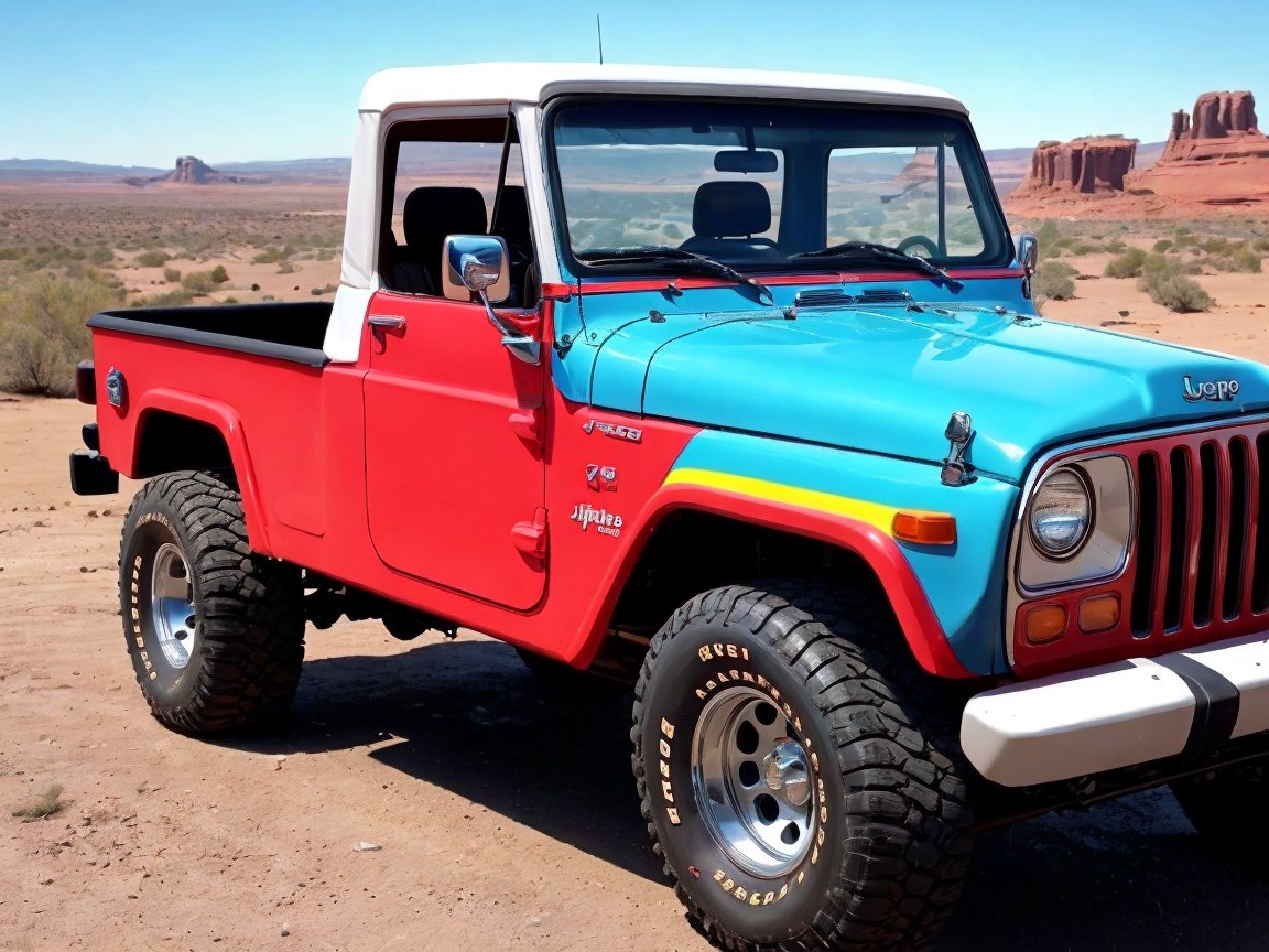 Vintage Jeep in Blue and Red in Desert Landscape