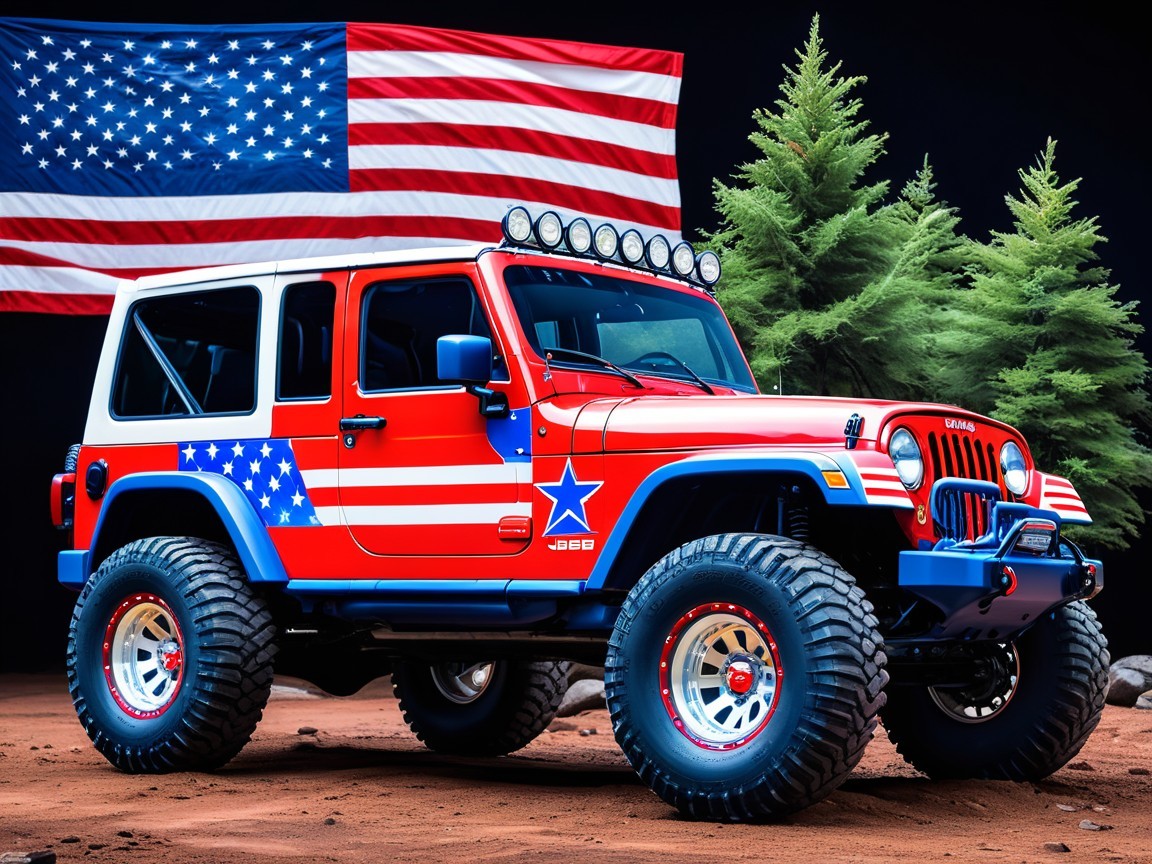 Vibrant Jeep Wrangler with American Flag Backdrop