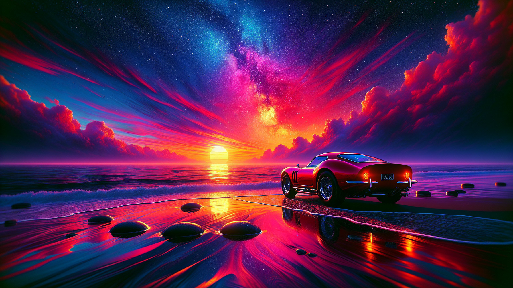 Sunset Over Ocean with Red Sports Car and Pebbles