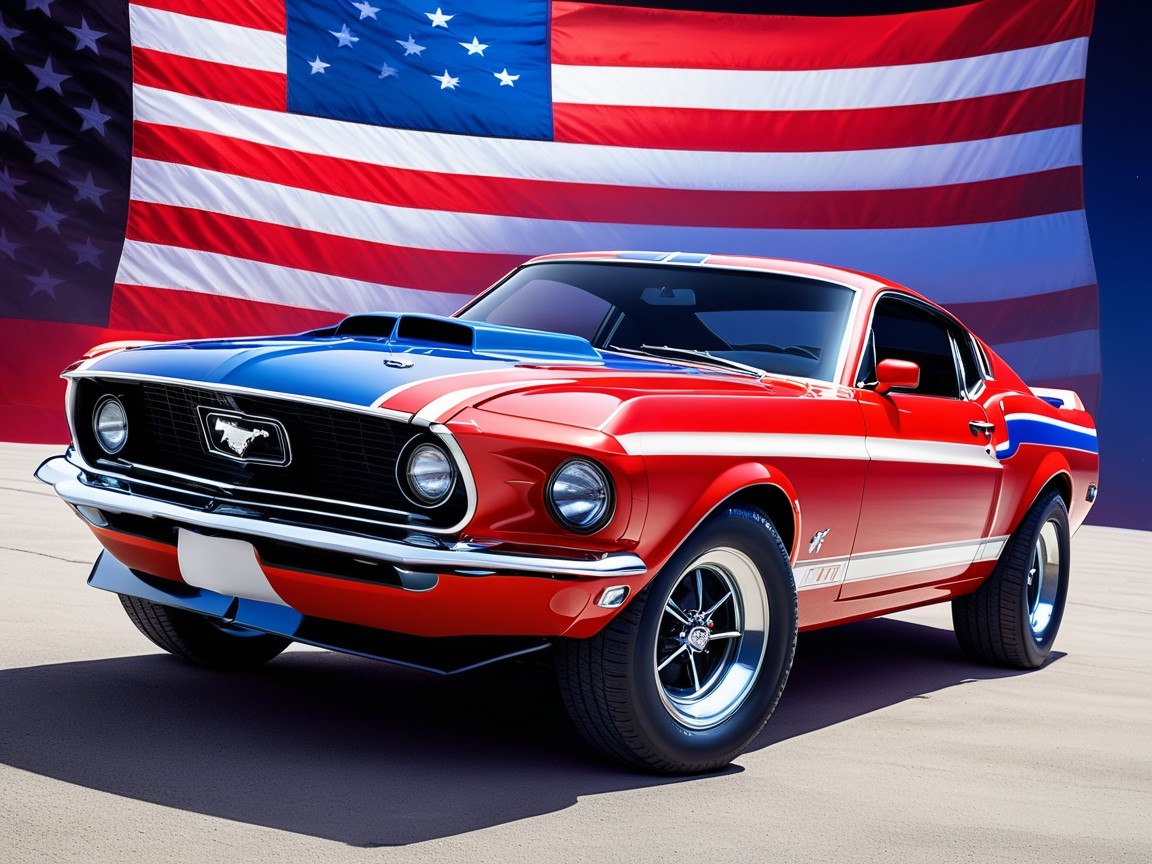 Vintage Muscle Car with American Flag Background