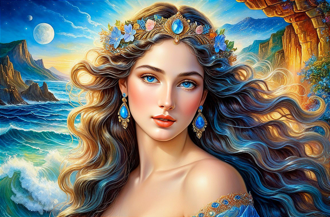 Ethereal Beauty with Floral Crown by Vibrant Seascape