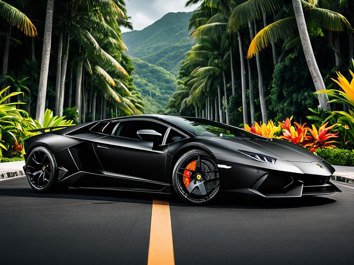Black Lamborghini Aventador on Palm-Lined Road