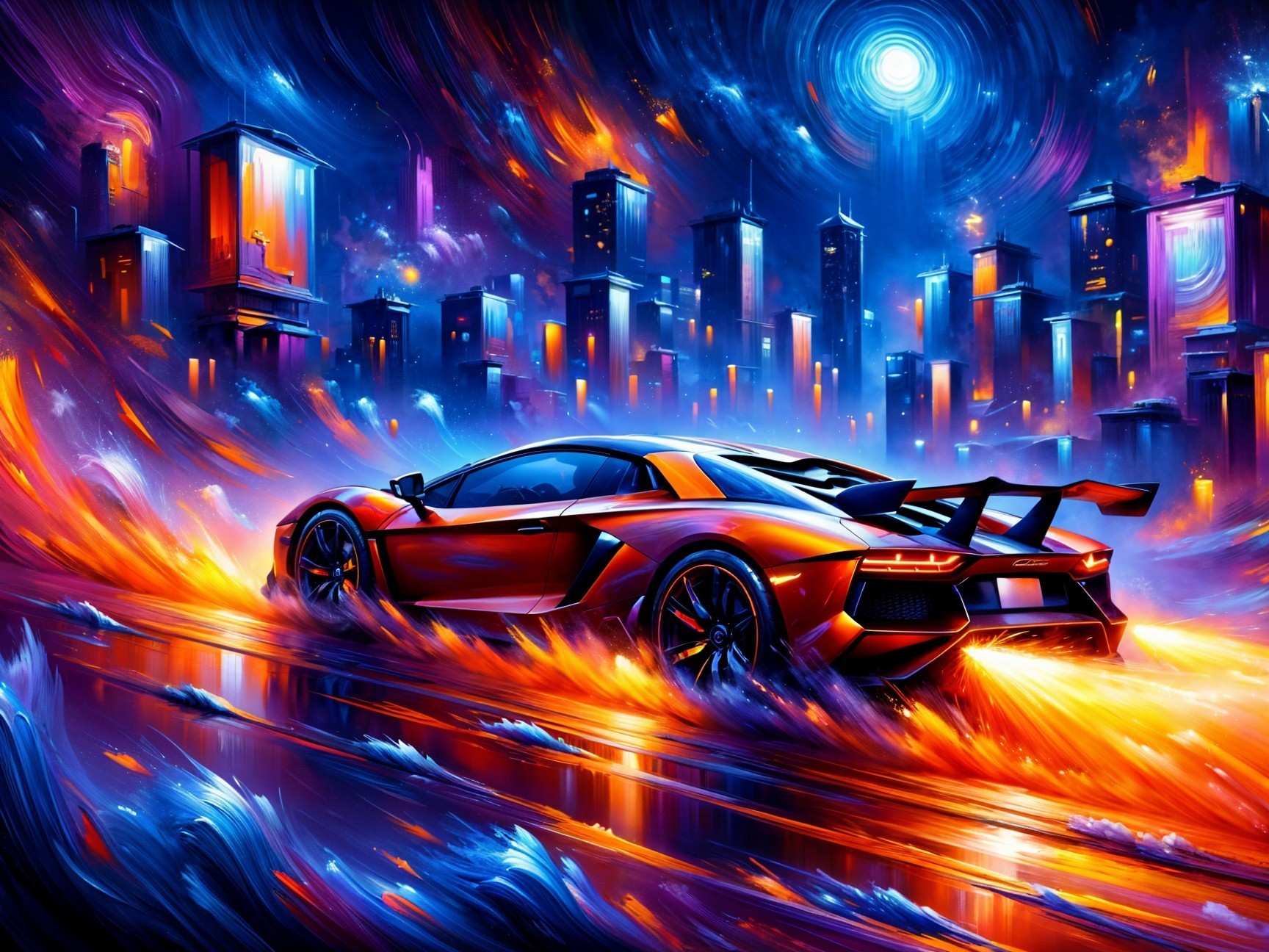 High-performance sports car in vibrant cityscape