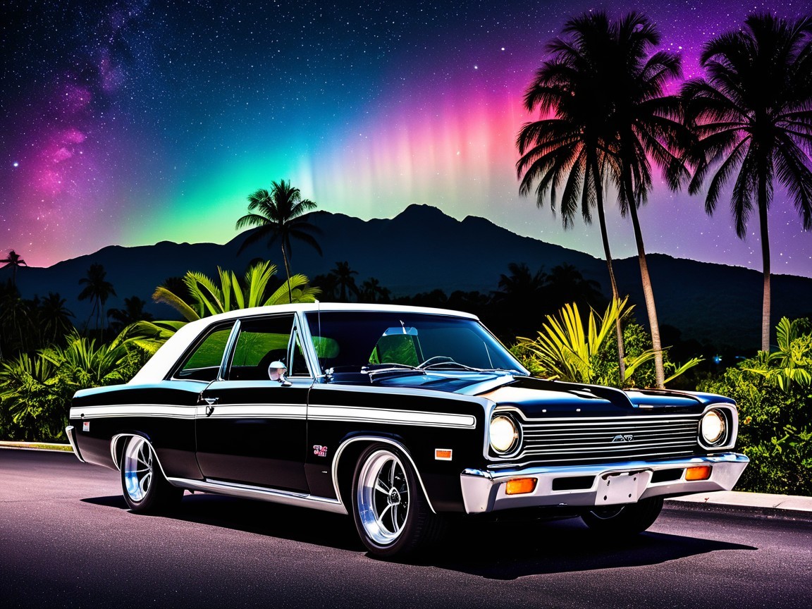 Vintage Black Car Under Aurora Borealis and Palm Trees