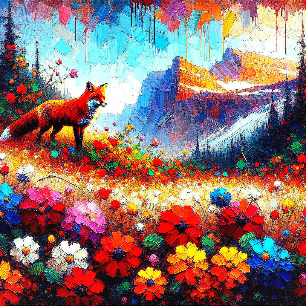 Impressionistic Landscape with Red Fox and Wildflowers