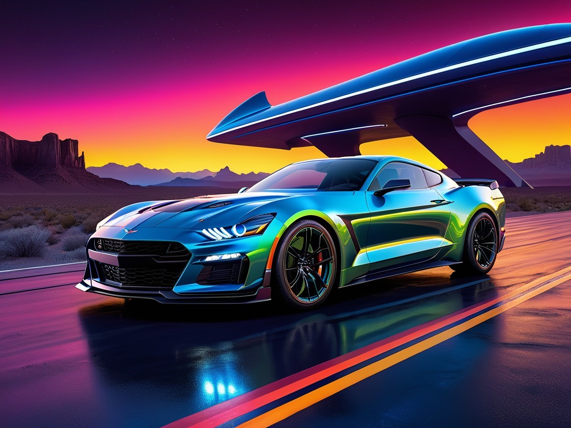 Futuristic sports car on a deserted highway at sunset