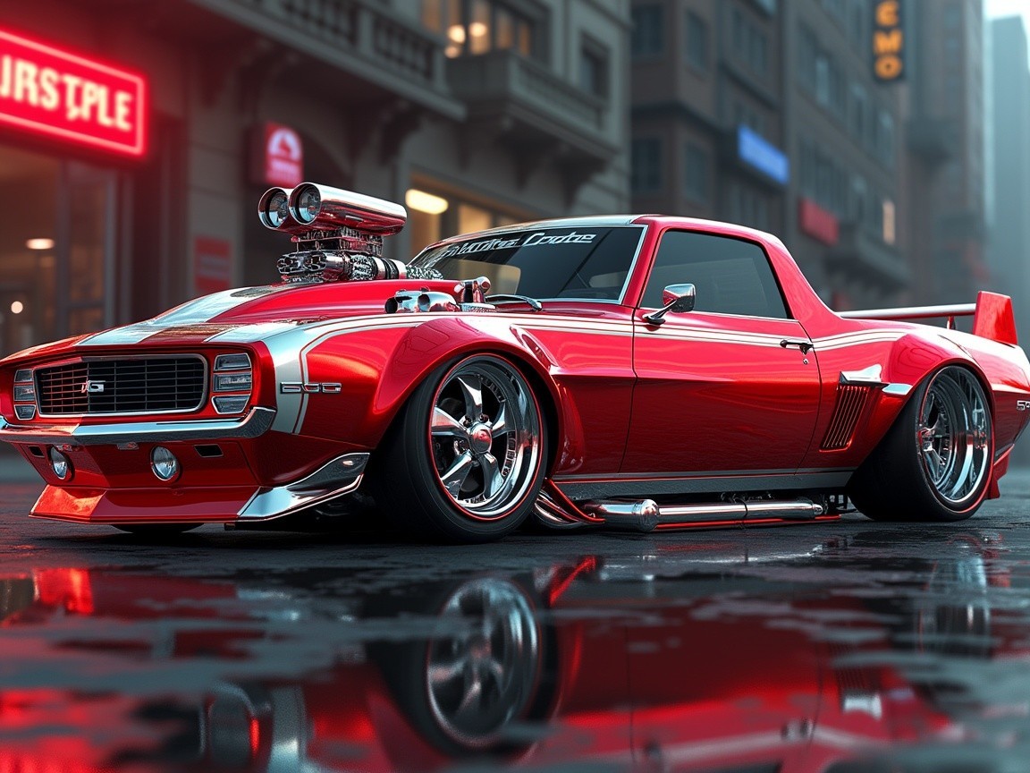 Modified Red Muscle Car on Wet City Street