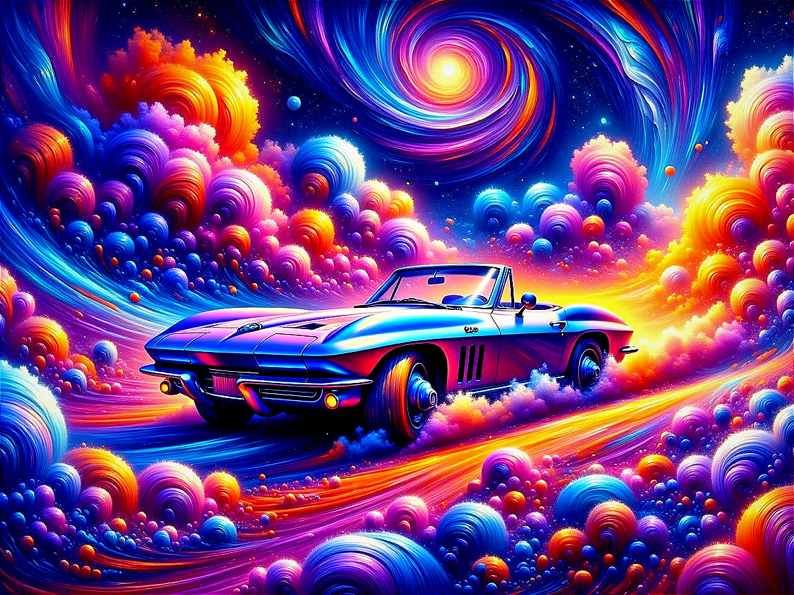 Cosmic Sports Car Racing Through Colorful Galaxy