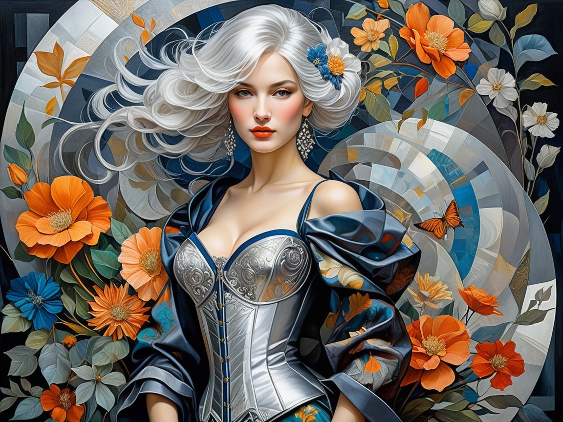 Digital painting of an elegant woman with silver hair