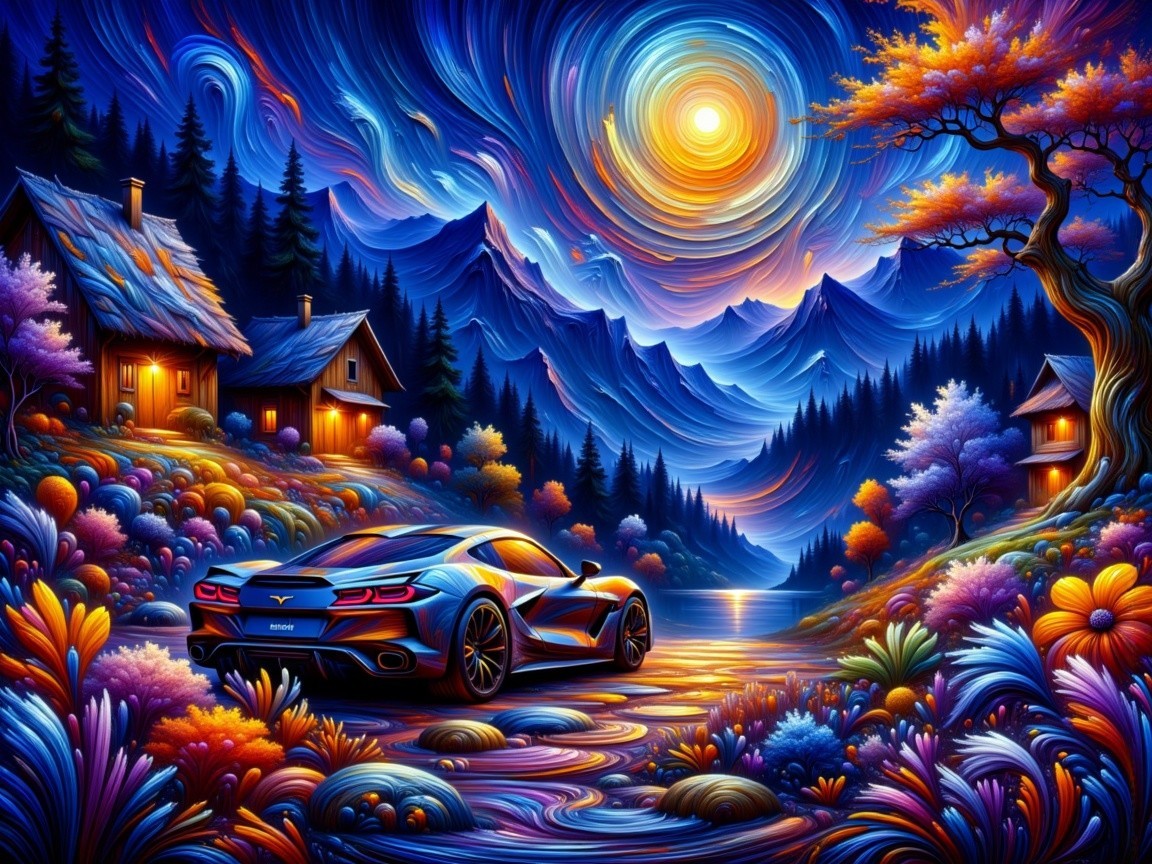 Surreal Landscape with Sports Car and Vibrant Nature