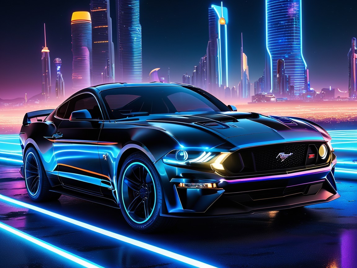 Sleek Black Sports Car in Neon Cityscape Setting
