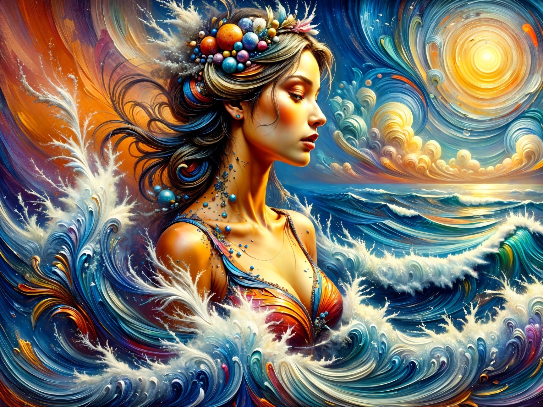 Serene Woman in Vibrant Ocean Waves with Celestial Orbs