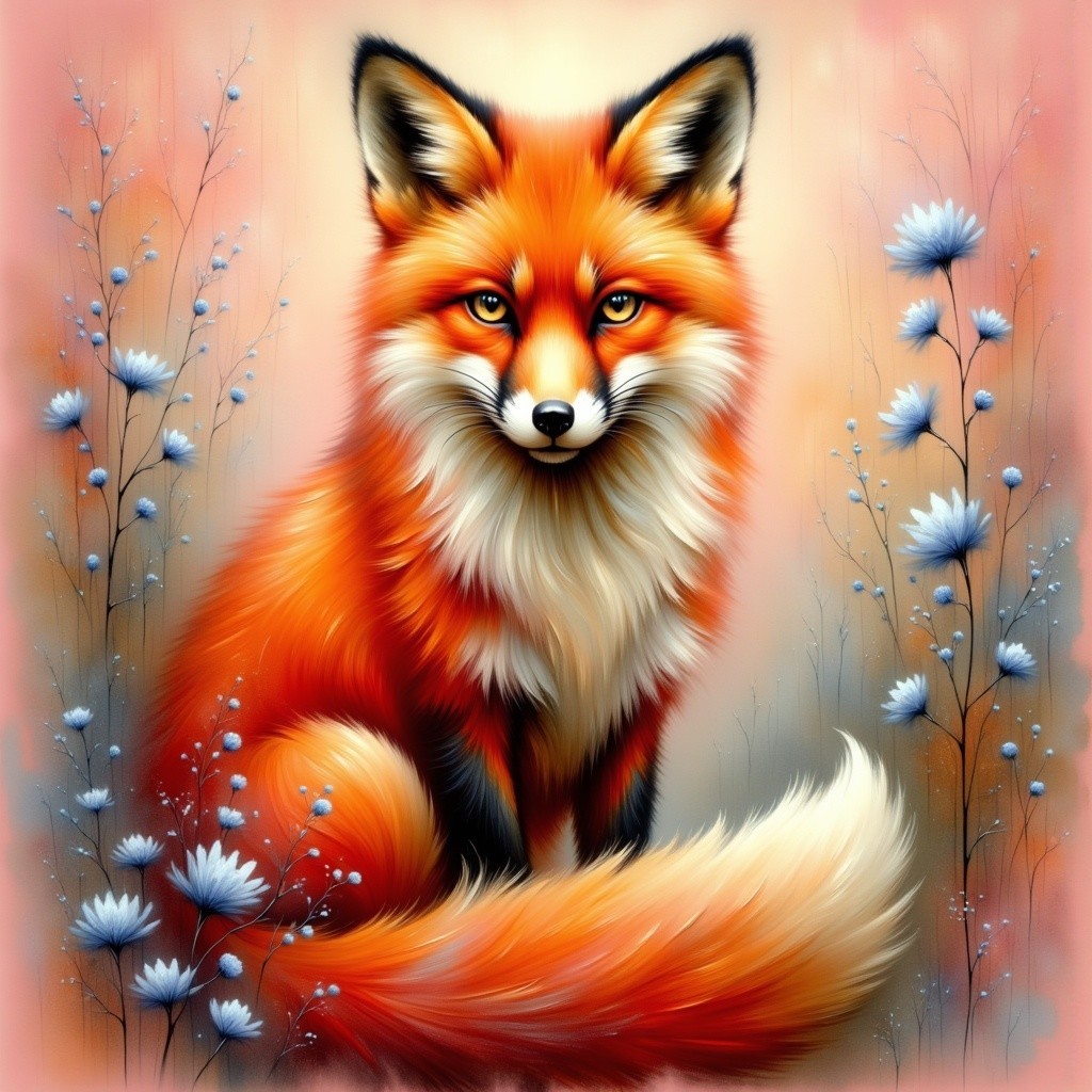 Vivid Orange Fox Against Pastel Background with Flowers