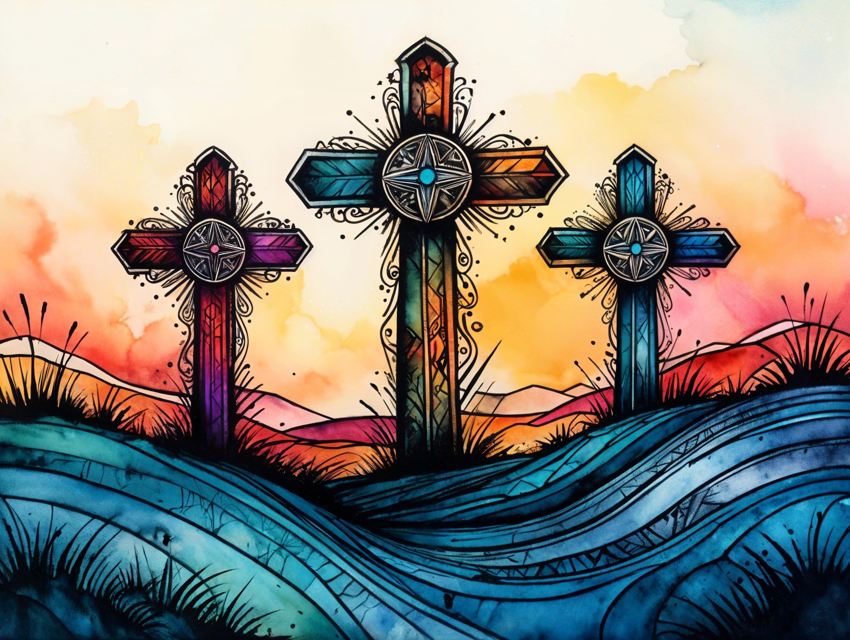 Three Intricately Designed Crosses on Watercolor Background