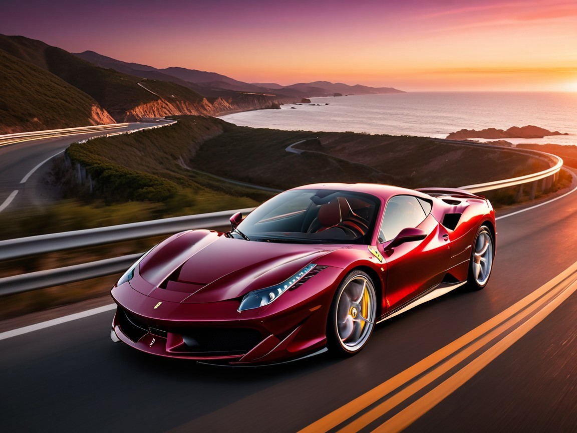 Red Sports Car on Coastal Road at Sunset