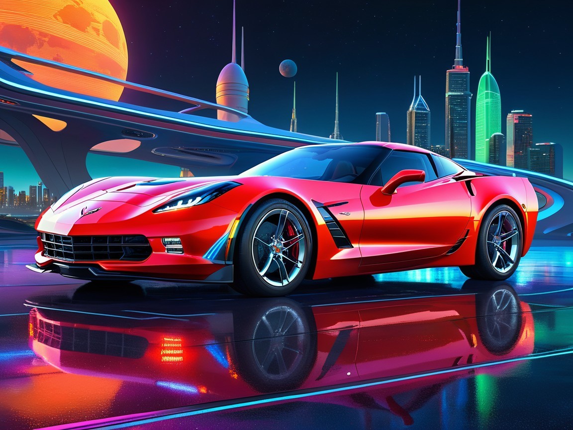 Red Sports Car in Futuristic Neon Cityscape