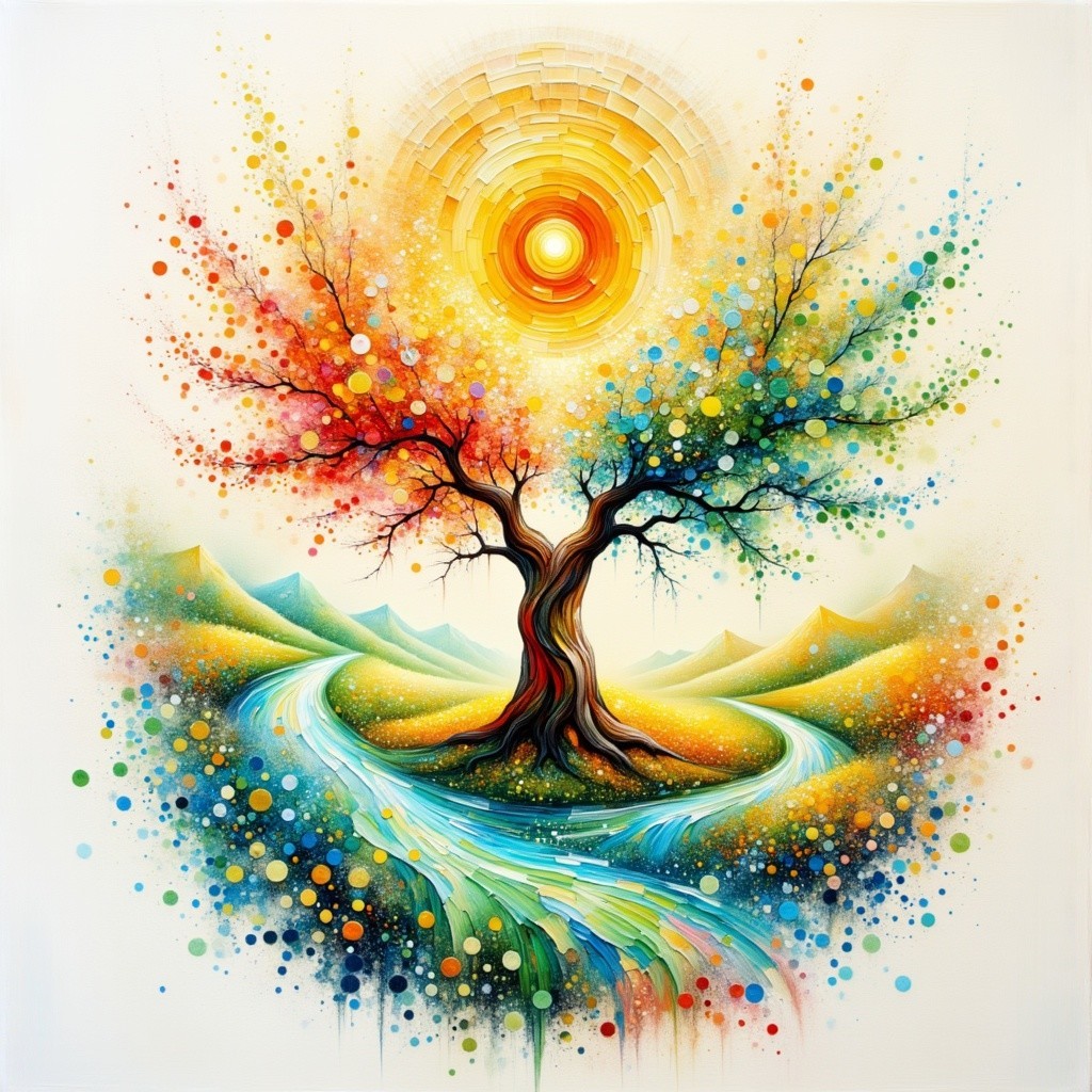 Abstract Landscape with Colorful Tree and River