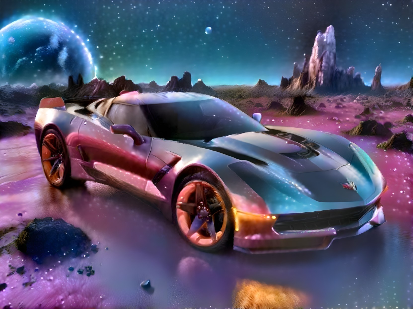 Futuristic Sports Car in Cosmic Landscape Setting