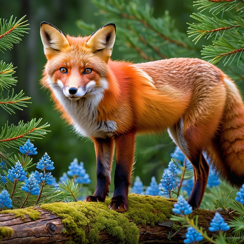 Copper-Orange Fox on Mossy Log in Vibrant Forest