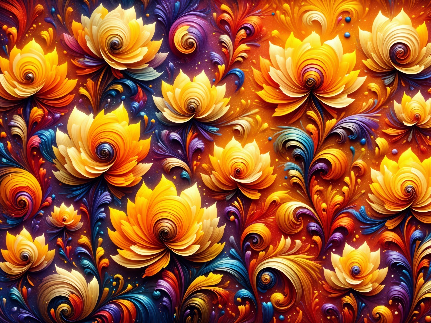 Vibrant Floral Pattern in Orange, Yellow, and Blue