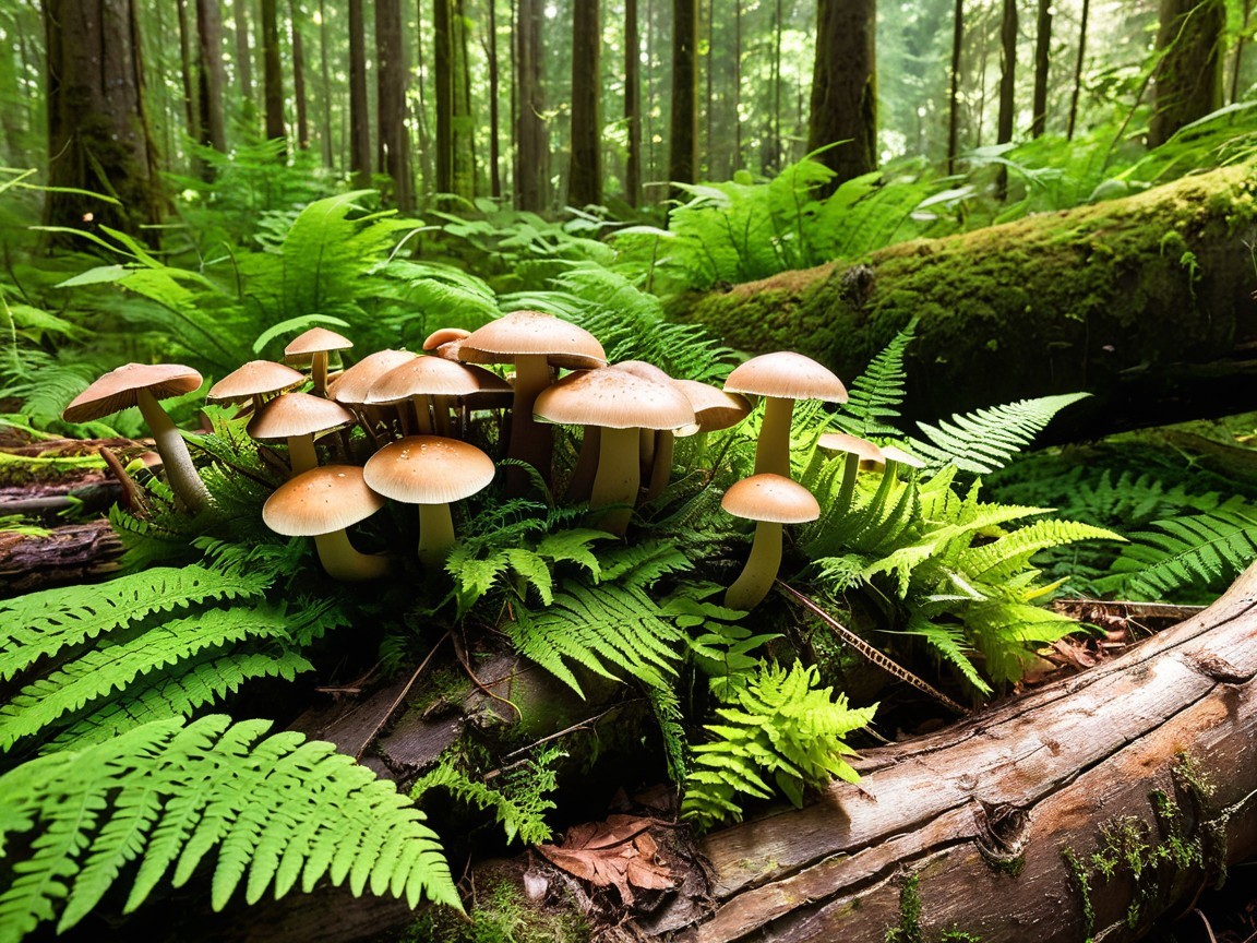 Mushrooms on a decayed log in a lush forest setting