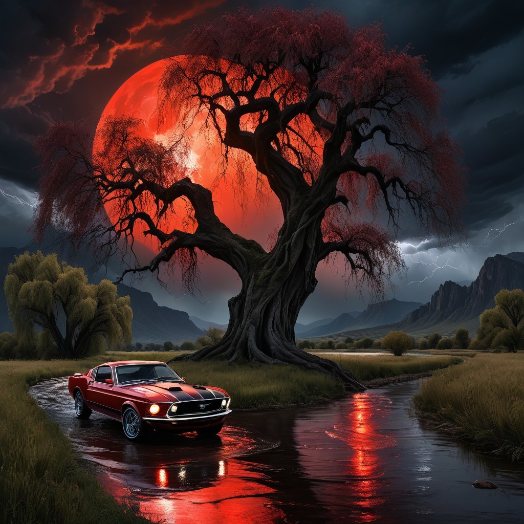 Vintage Muscle Car Under Red Full Moon Scene