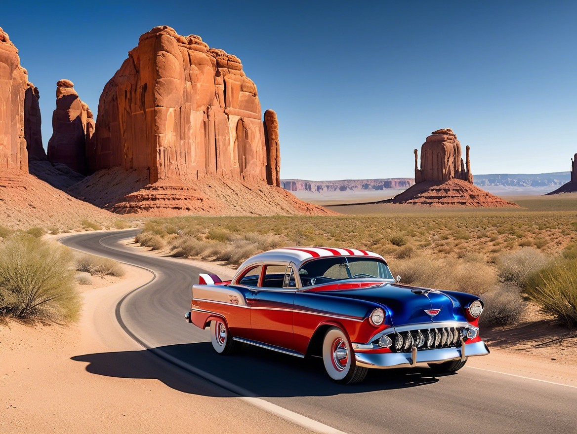Vintage Car on Winding Road in Desert Landscape