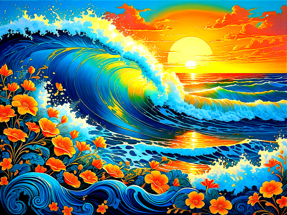 Vibrant Sunset Over Dynamic Ocean Wave and Hibiscus Flowers