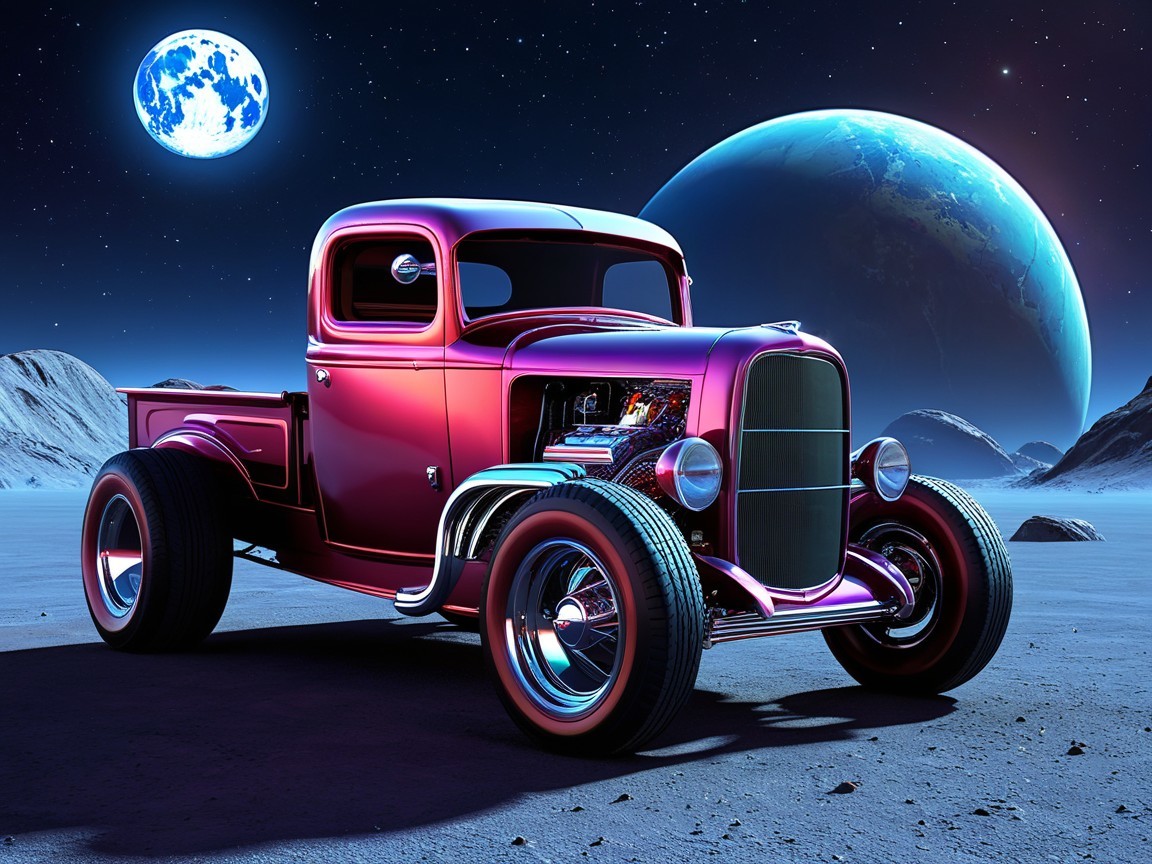 Vintage Pickup Truck on Lunar Landscape with Planets