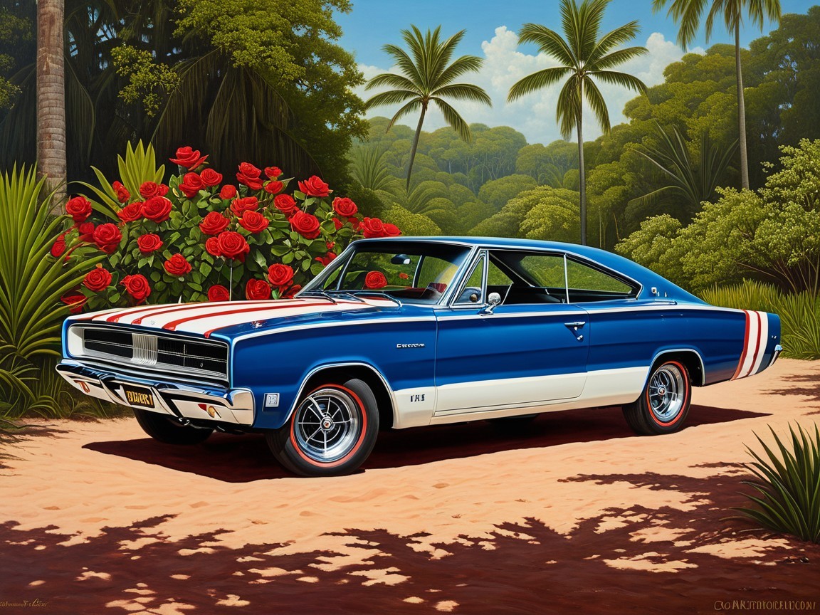 Classic Blue Muscle Car in Tropical Landscape