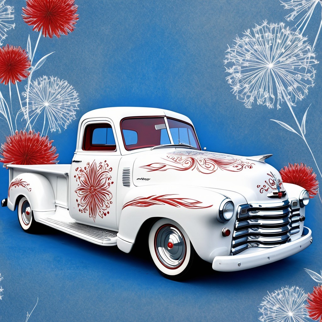 Vintage White Pickup Truck with Floral Patterns