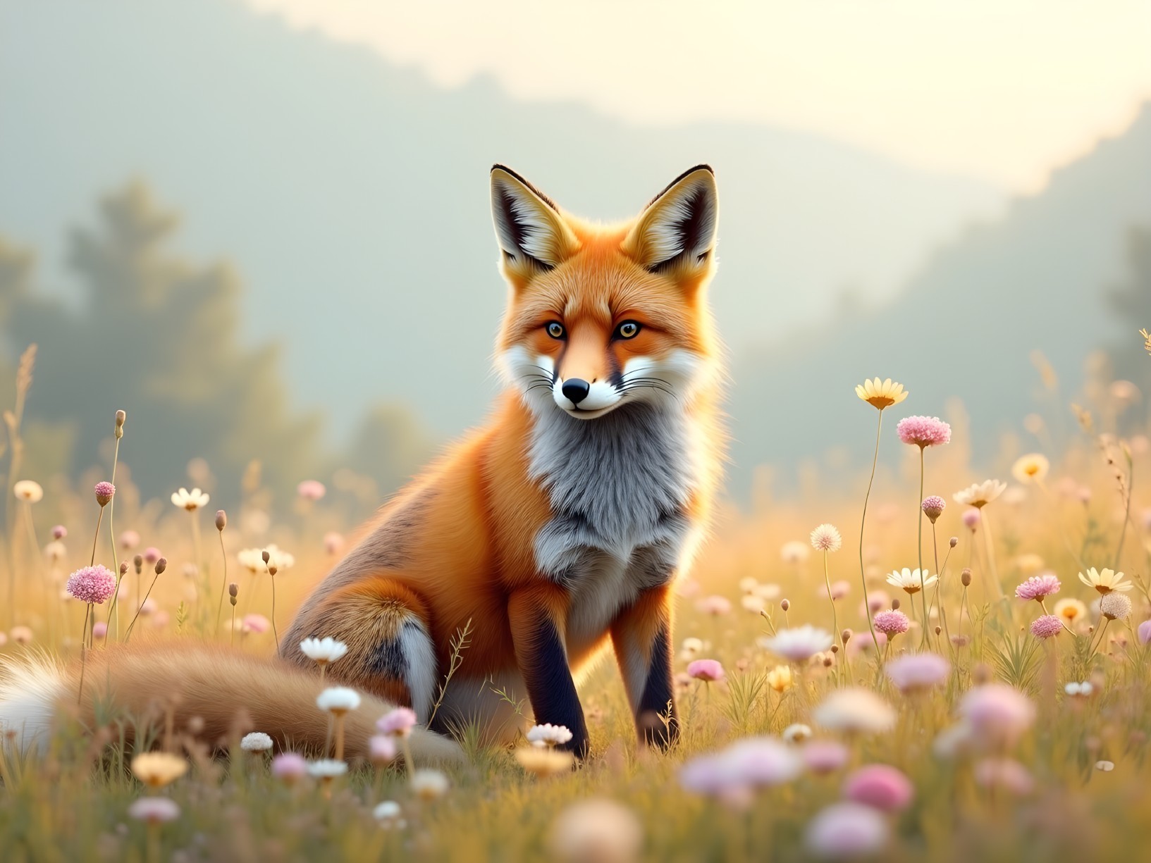 Red fox in a colorful wildflower meadow setting