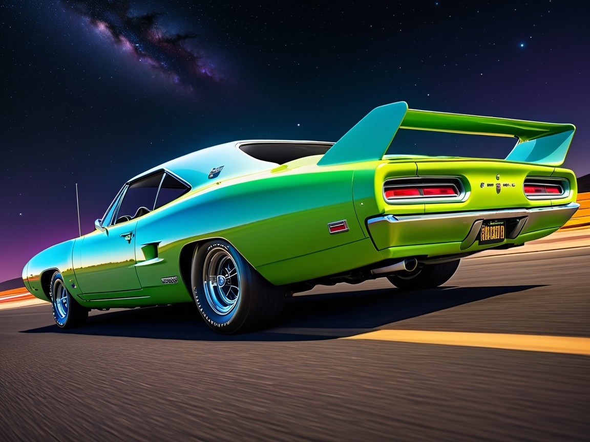 Vintage Muscle Car in Green and Blue Against Stars