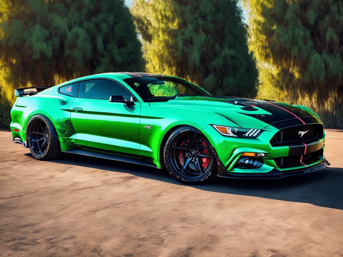 Vivid Green Mustang GT with Black Accents Under Sunlight