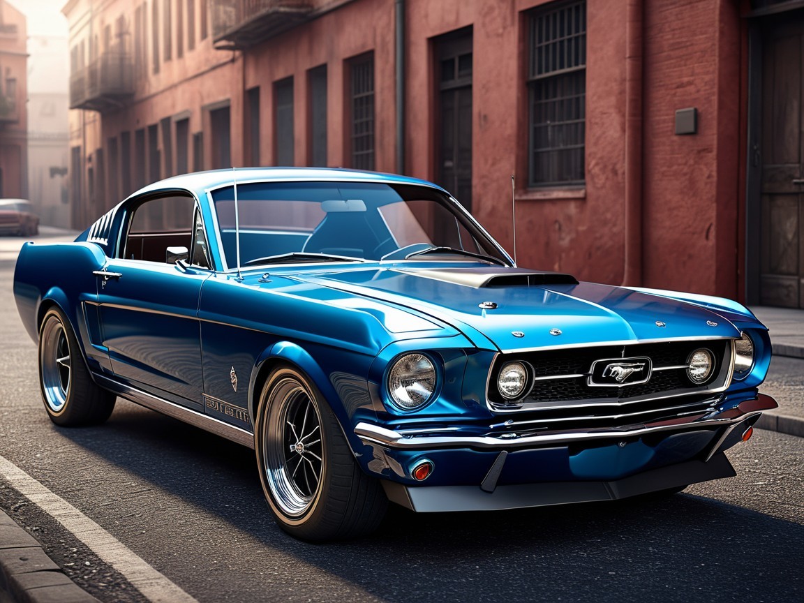 1966 Ford Mustang on Quaint Street with Rustic Buildings