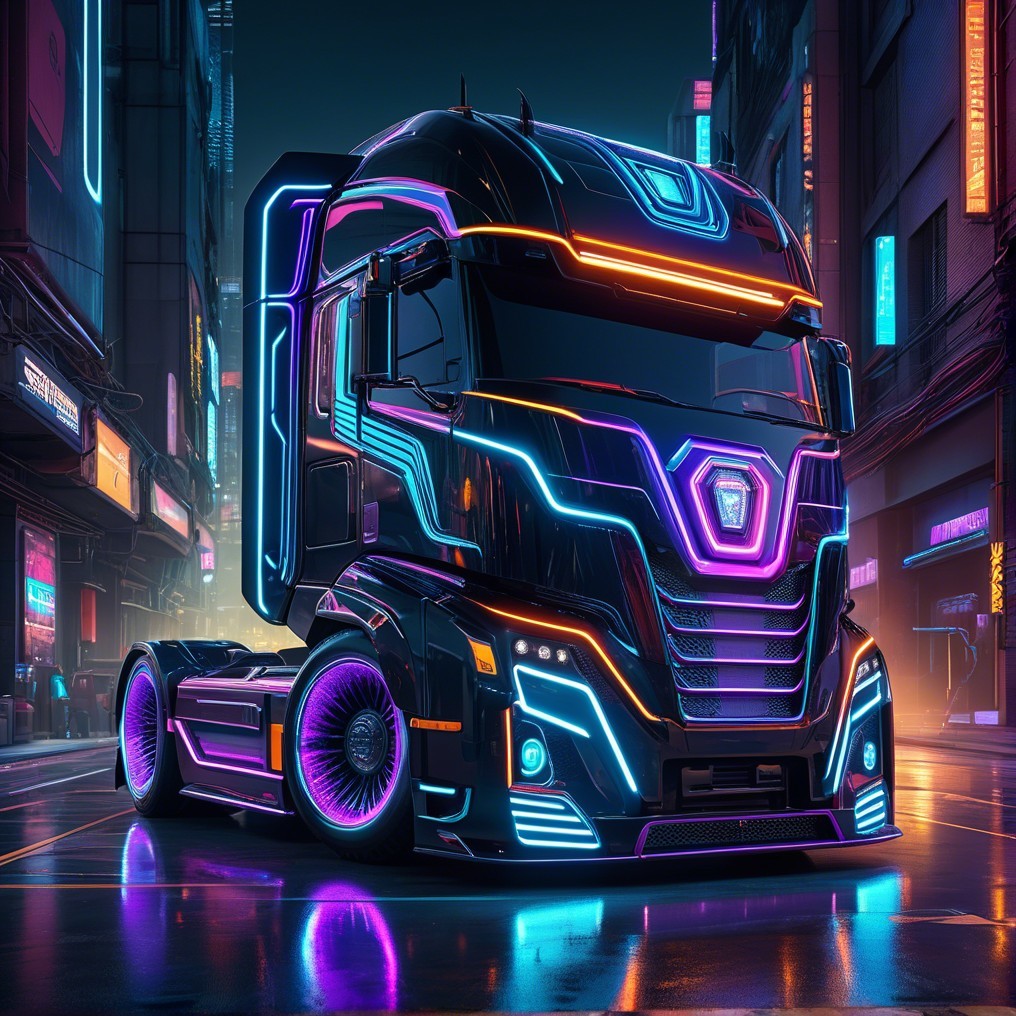 Futuristic Truck in Neon-Lit Urban Landscape