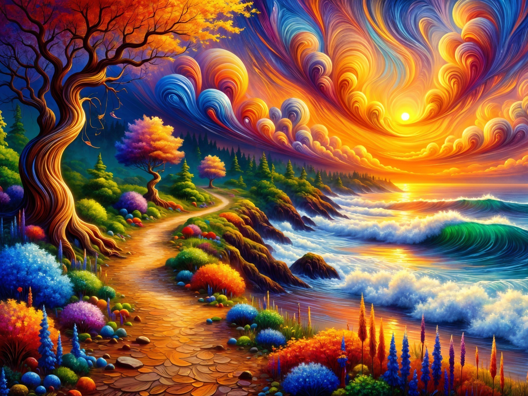 Vibrant Coastal Landscape with Colorful Trees and Sunset