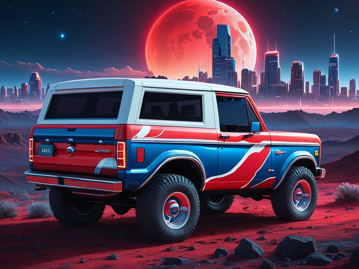 Retro SUV in Red, White, and Blue Against City Skyline
