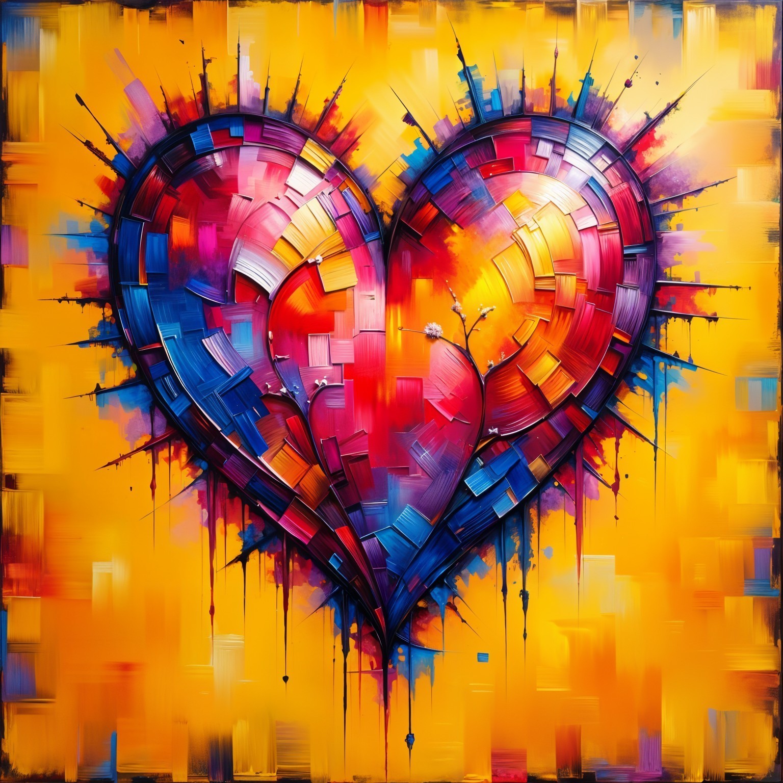 Vibrant Abstract Heart Artwork on Yellow Background